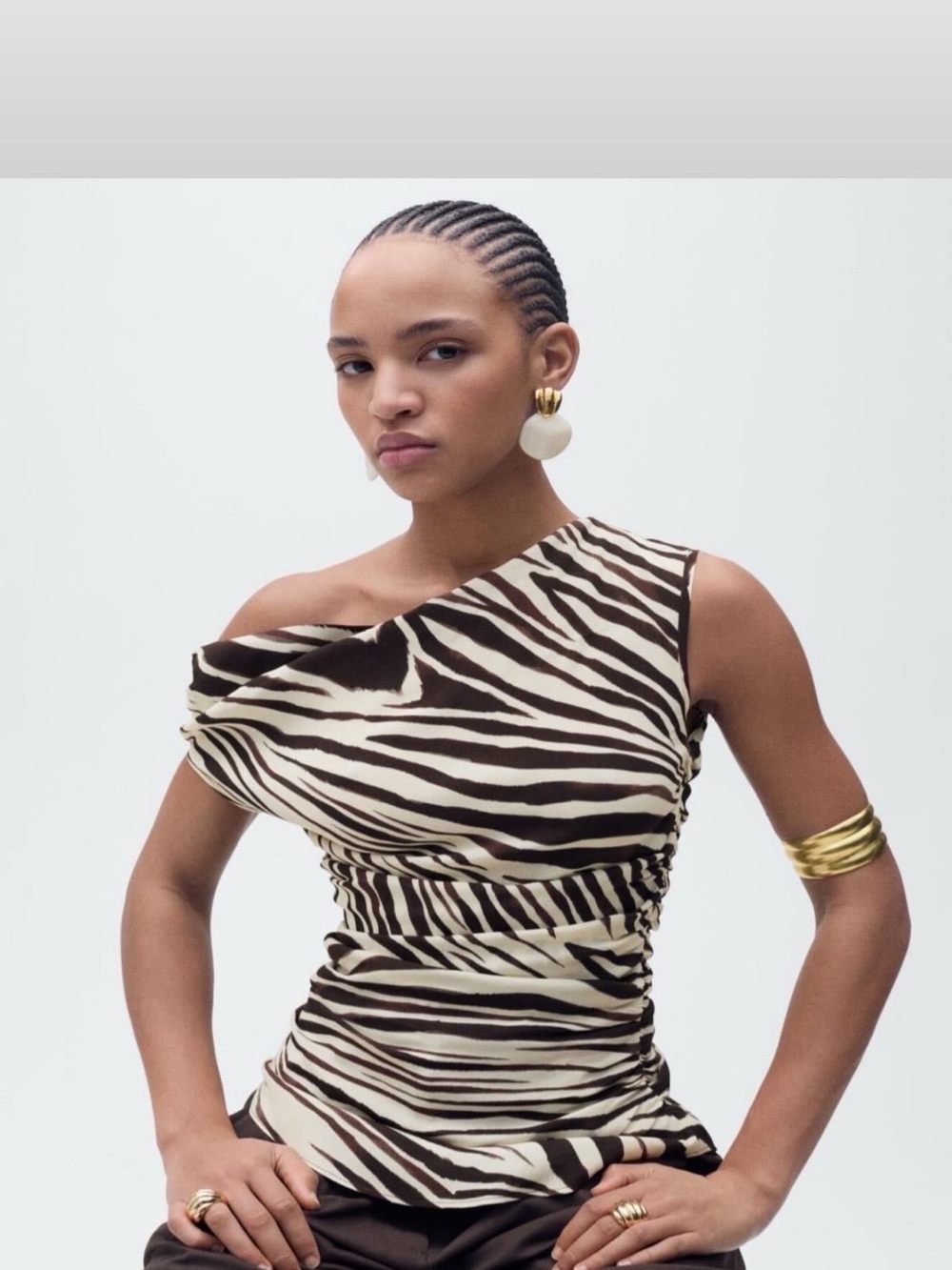 Mango One-Shoulder Zebra Print Top - Cream & Brown